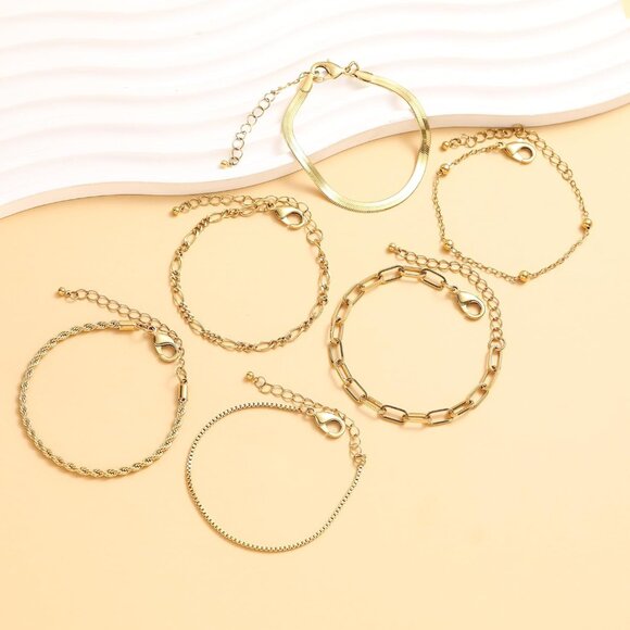 Trendy 6pcs Gold Bracelets Set for Women, 14K Gold Plated, Adjustable, Waterproo - Picture 5 of 8